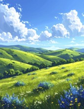 Fresh summer hilly Landscape with blooming Meadow, green plants, Blue Sky with cloudy sky, serene