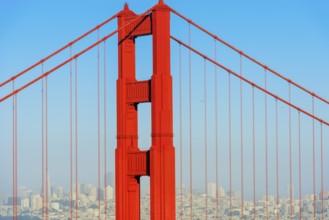View of Golden Gate Bridge and financial district in the distance, San Francisco, California, USA