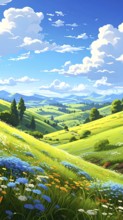 Fresh summer hilly Landscape with blooming Meadow, green plants, Blue Sky with cloudy sky, serene