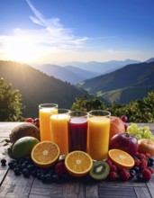 Fresh fruit juices in glasses, surrounded by colorful fruits, showcasing healthy drinking and