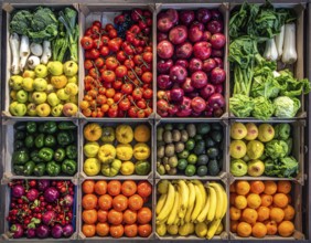 Fresh fruits and vegetables in a market display, aerial view perpendicular top down, healthy eating