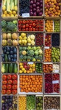 Fresh fruits and vegetables in a market display, aerial view perpendicular top down, healthy eating