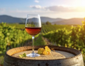 A glass of 10-year-old tawny wine placed on a barrel in a vineyard restaurant, vineyard landscape