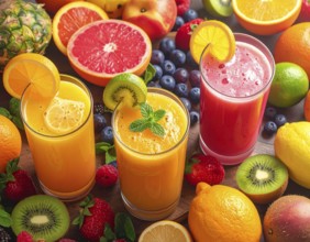 Fresh fruit juices in glasses, surrounded by colorful fruits, showcasing healthy drinking and