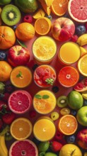 Fresh fruit juices in glasses, surrounded by colorful fruits, showcasing healthy drinking and
