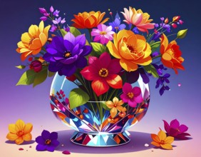Crystal glass vase with vibrant blooming flowers, vibrant vector drawing illustration for fresh
