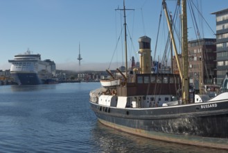 Kiel harbor, Seegarten museum bridge with historic buzzard from 1906, chimney, crane, Kiel-Oslo
