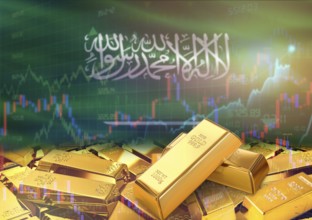 Gold bars on Saudi Arabia flag in background. Gold bars stacked on Saudi Arabian flag. Concept of