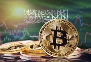 Bitcoin with Saudi Arabia flag in the background. Investors in cryptocurrency and Blockchain