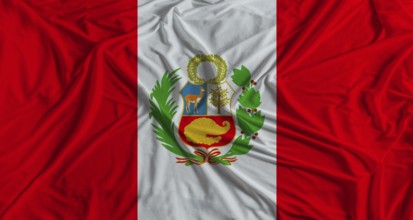 Peruvian flag with fabric texture background. National flag of Peru