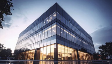 Modern building reflecting sunset light at dusk. Abstract Futuristic Business Background, AI