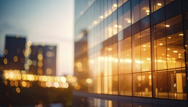 Modern building reflecting sunset light at dusk. Abstract Futuristic Business Background, AI