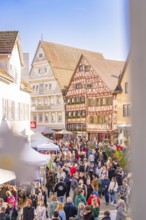 Lively market square in the old town with half-timbered houses in sunny weather, Urschelherbst