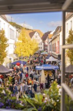 View from the window of a lively street with market stalls and an autumnal atmosphere in the old