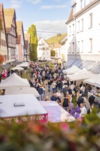 Lively market scene on a historic street with numerous visitors, surrounded by old buildings,