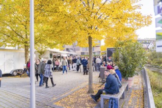People enjoy the street party under yellow autumn trees. The street is lively and inviting, with a