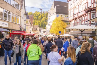 People stroll across a busy street with market stalls and half-timbered houses in the background,