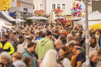 A lively market with numerous visitors and colorful stands, Urschelherbst street festival, Nagold,