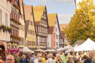 A lively autumn day at a market in front of half-timbered houses full of people, Urschelherbst