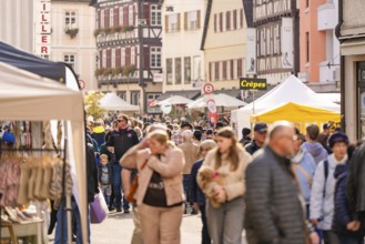 A bustling market with lots of visitors and stalls in an old town, Urschelherbst Street Festival,