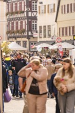People stroll and shop at a busy market in the old town, Urschelherbst Street Festival, Nagold,