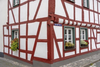 The old town of Ahrweiler, flood level mark, half-timbered house, renovated, restored, partly