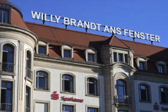 Willy Brandt lettering on the window at the hotel where Brandt visited during GDR times and showed