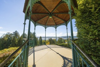 A pavilion overlooking a lake on a sunny day surrounded by trees, Überlingen, Lake Constance,