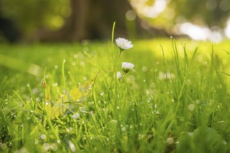 Daisies in dewy grass, illuminated by soft sunbeams in the background, Überlingen, Lake Constance,