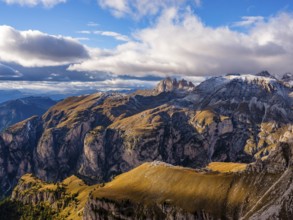 Puez Group and Geisler Peaks with fresh snow, Puez-Geisler nature park Park, Dolomites, Trentino,