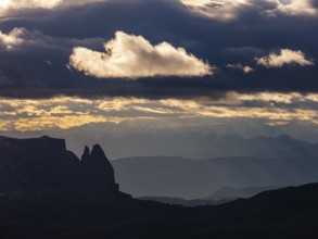 View of the Sciliar under dark clouds, Dolomites, Trentino, South Tyrol, Italy