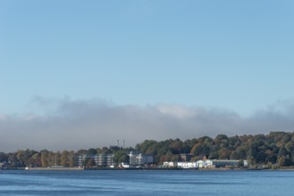 Kiel Fjord, Holtenau district, Kiel, Baltic Sea, modern apartments on the river bank, tonnenhof of
