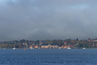 Kiel Fjord, Holtenau district, Kiel, historic sewer packing house, storage, sailing yachts, church