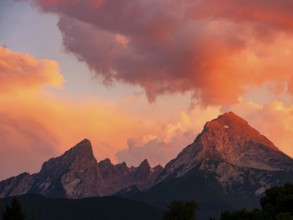 Watzmann under dramatic, red-lit clouds in the evening light, Berchtesgaden, Berchtesgadener Land,