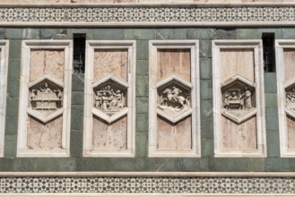 Detailed view of the reliefs on the Campanile di Giotto, the bell tower of the Cathedral of Santa