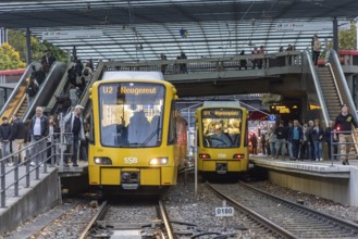 Wilhelmsplatz Bad Cannstatt stop, Stuttgarter Strassenbahnen AG, SSB. Platform with passengers.