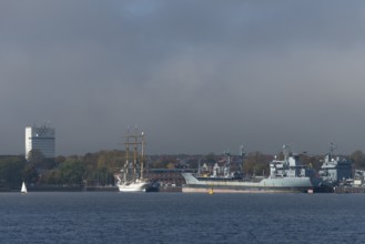 Kiel naval port, district of Wik, sailing school ship Gorch Fock in their home port, fuel