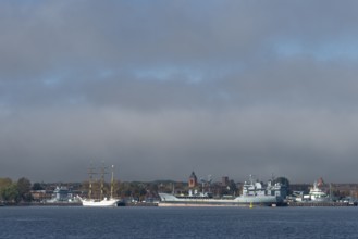 Kiel naval port, district of Wik, sailing school ship Gorch Fock in their home port, fuel
