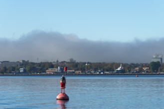Kiel naval port, district of Wik, navy, ships, buoy, Olympic rings, Schleswig-Holstein, Germany