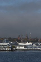 Kiel naval port, district of Wik, sailing school ship Gorch Fock in their home port, tower of the