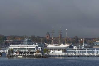 Kiel naval port, district of Wik, sailing school ship Gorch Fock in their home port, tower of the
