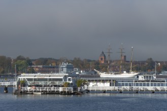 Kiel naval port, district of Wik, sailing school ship Gorch Fock in their home port, supply ship