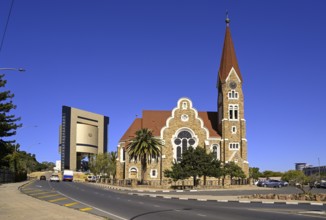 Evangelical Lutheran Christ Church from 1910, in the background the Independence Museum, Windhoek,