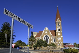 Robert Mugabe Avenue sign in front of the 1910 Evangelical Lutheran Christ Church, Windhoek, Khomas