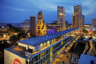 Bikini Berlin with Kaiser Wilhelm Memorial Church from an elevated position in the evening,