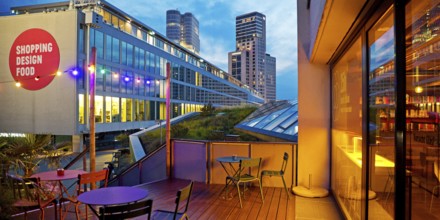 Bikini Berlin with the Upper West Tower in the background in the evening, Charlottenburg, Berlin,
