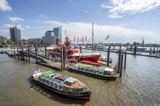 Boats at the city sports harbour in the Elbe, in the back Hafencity with Elbphilharmonie and