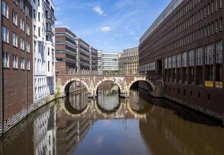 Brick building and canal Bleichenfleet with Ellerntorsbrücke, Hamburg Mitte, Hamburg, Germany