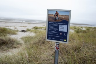 A sign on the beach on the island of Föhr provides information about marine mammal protection in