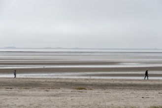 Two people walking on the wide beach of the island of Föhr, Schleswig-Holstein, Germany, at low